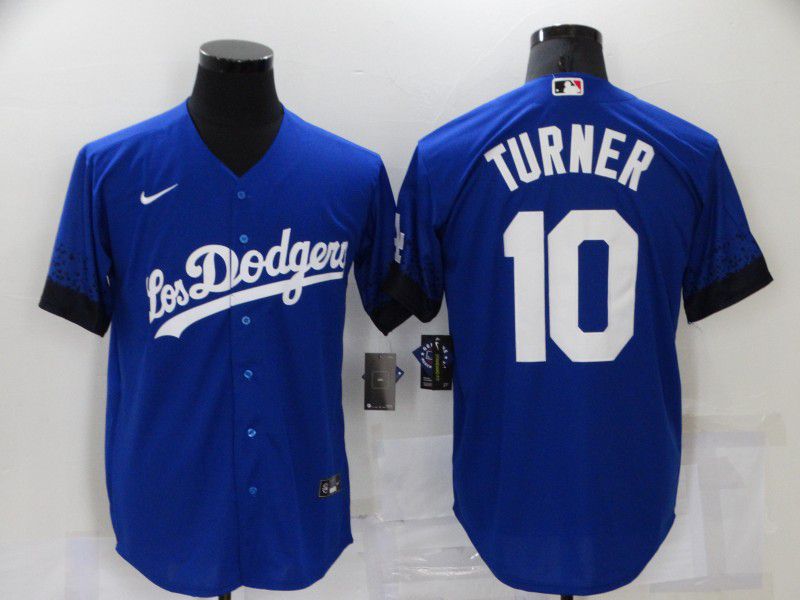 Cheap Men Los Angeles Dodgers 10 Turner Blue City Edition Game Nike 2021 MLB Jersey
